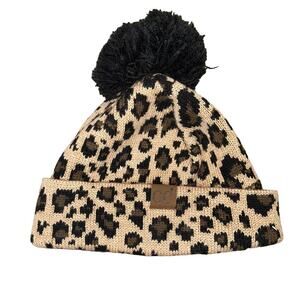 CC hat beanie cheetah leopard print poof ball winter cold warmth snow ski